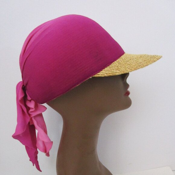 Natural Raffia Straw Visor Brim Cap Baseball Pink Silk Scarf main image 8